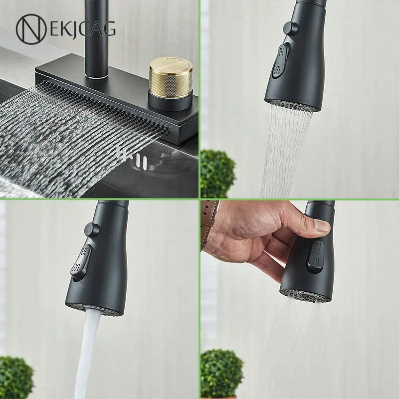 صنبور المطبخ الأسود DecorBites™: صنبور خلاط مرن قابل للسحب بثلاث فوهات