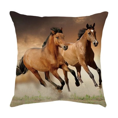 Funda de almohada DecorBites™ con estampado de caballo al galope: Funda de cojín de lino con estampado de caballo salvaje para decoración del hogar.