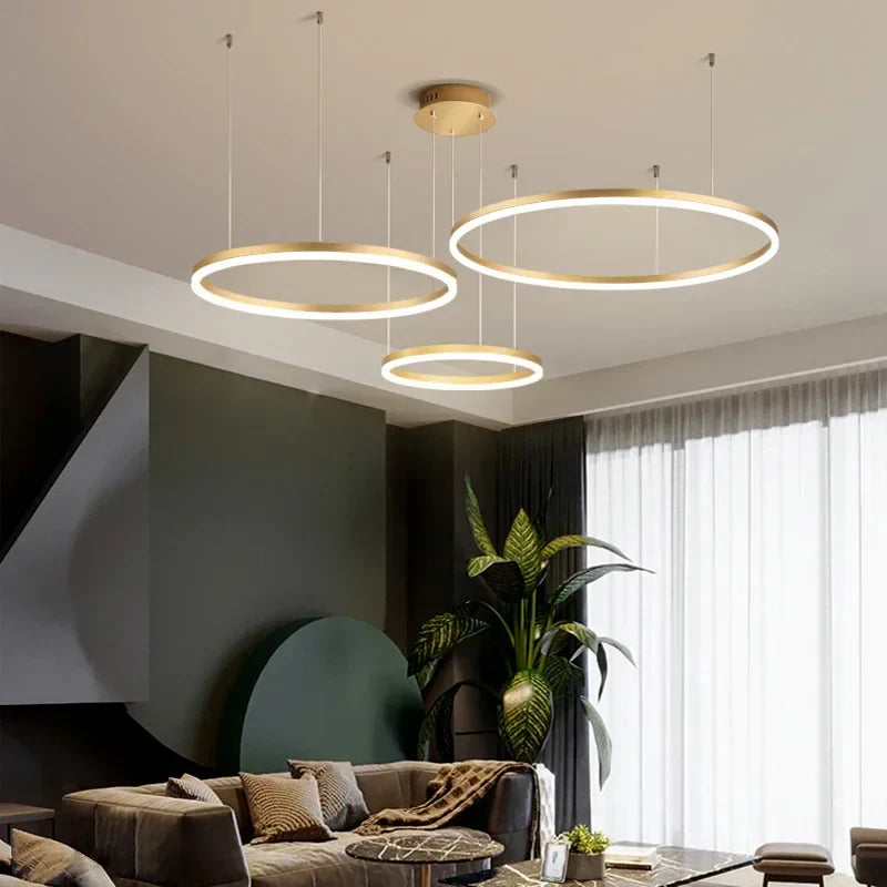 DecorBites™ Brushed Rings LED Pendant Chandelier in Gold Coffee Color