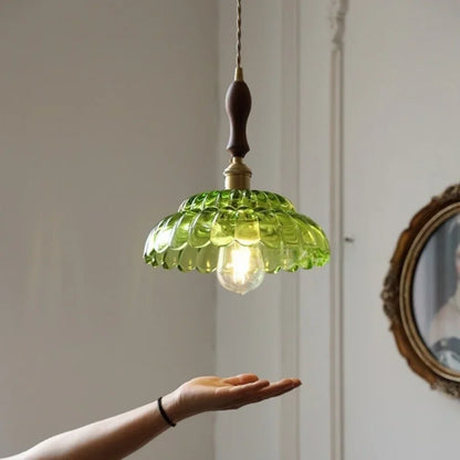 DecorBites™ LED Pendant Lamp with Adjustable Wire, Copper Socket, Walnut Wood, Green Glass
