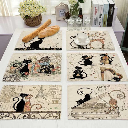 DecorBites™ Black Cat Linen Placemat Set for Dining Table & Kitchen Decor