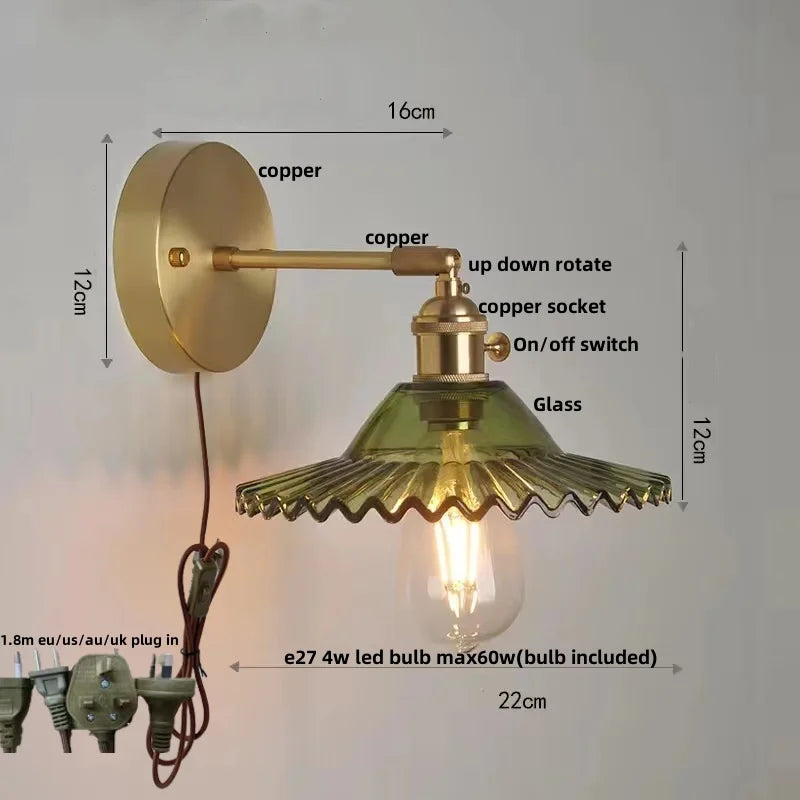 Decorbites™ Grüne Glas-LED-Wandleuchten mit Zugschalter - Vintage-Kupfer-Wandleuchte