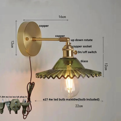 Decorbites™ Grüne Glas-LED-Wandleuchten mit Zugschalter - Vintage-Kupfer-Wandleuchte