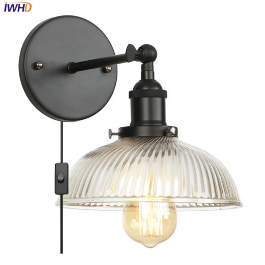 DecorBites™ Black LED Wall Lamp Vintage Style Iron Bedside Light Glass Wall Sconce