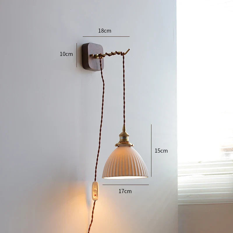 DecorBites™ LED Wall Sconce Modern Japan Style Ceramic Lampshade Wooden Base Light