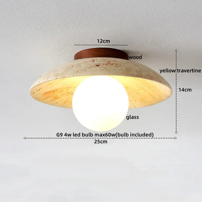 DecorBites™ Japan Style LED Ceiling Light Yellow Travertine Stone Wood Base Bedroom Luminaire.