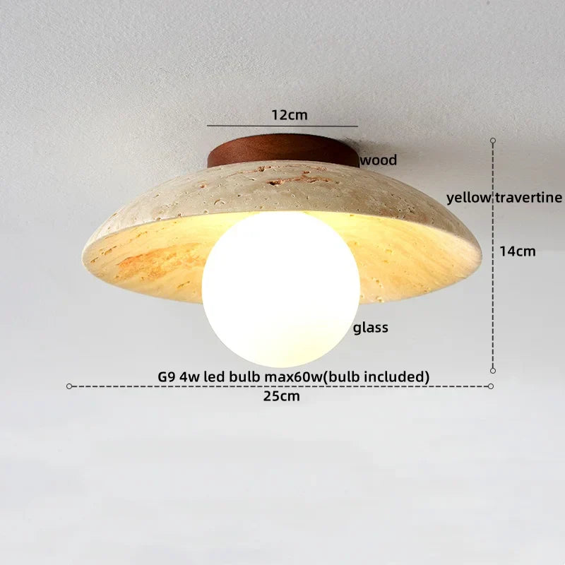 Wood Glass Pendant Light Yellow Travertine Accent