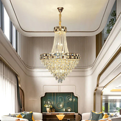 DecorBites™ Crystal Chandelier: Smart Dimming Duplex Villa Pendant for Luxe Living Rooms