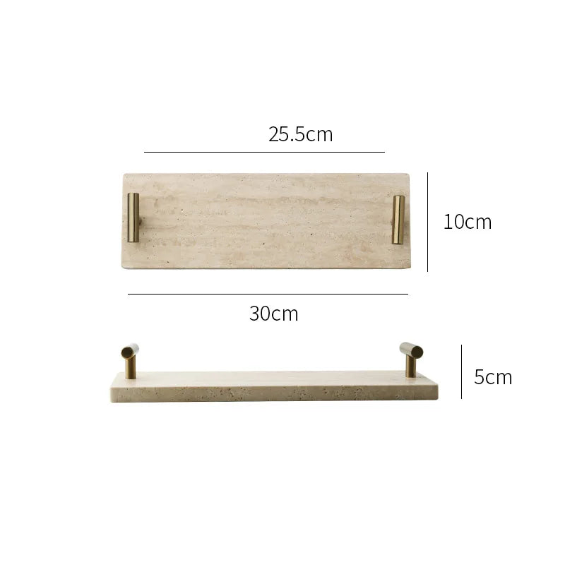 DecorBites™ Beige Travertine Stone Tray with Golden Metal Handle