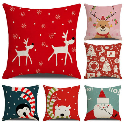 DecorBites™ Christmas Cartoon Animal Linen Pillowcase: Deer, Bear, & More for Festive Home Decor