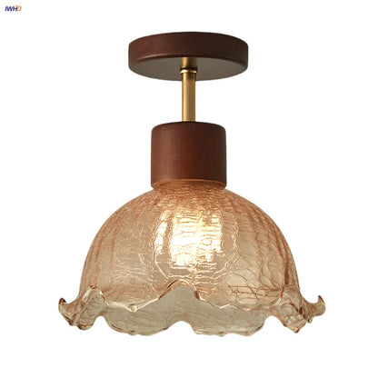 DecorBites™ Amber Ice Crack Glass Wood Ceiling Light - Nordic Modern LED Fixture