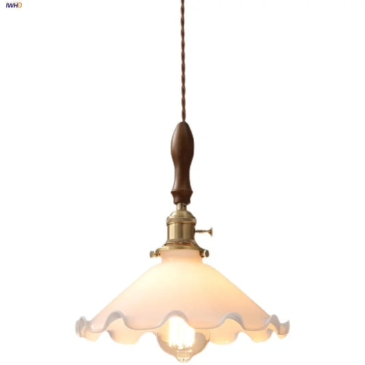 DecorBites™ White Glass LED Pendant Lights with Walnut Wood Details