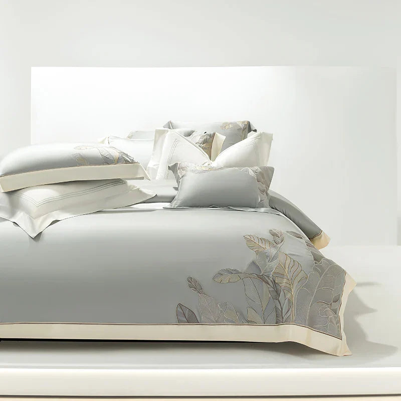 DecorBites™ Eucalyptus Lyocell Soft Silky Cool Bedding Set with Leaves Embroidery