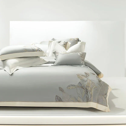 DecorBites™ Eucalyptus Lyocell Soft Silky Cool Bedding Set with Leaves Embroidery