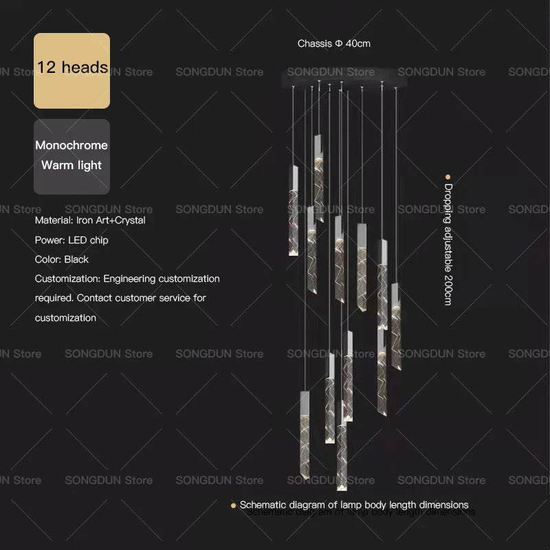 DecorBites™ Crystal Loft Chandelier for Duplex Living Room & Stairwell, Long Hanging Lighting