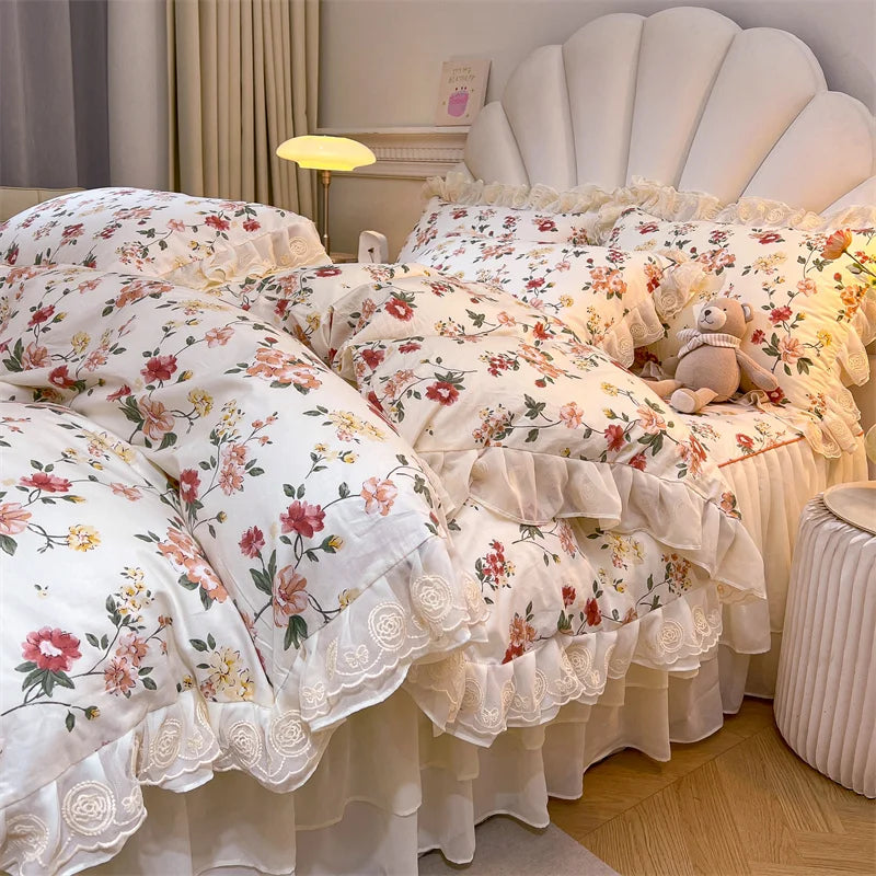 Decobites Princess Lace Ruffles Floral Bedding Set with Duvet Cover and Bed Skirt