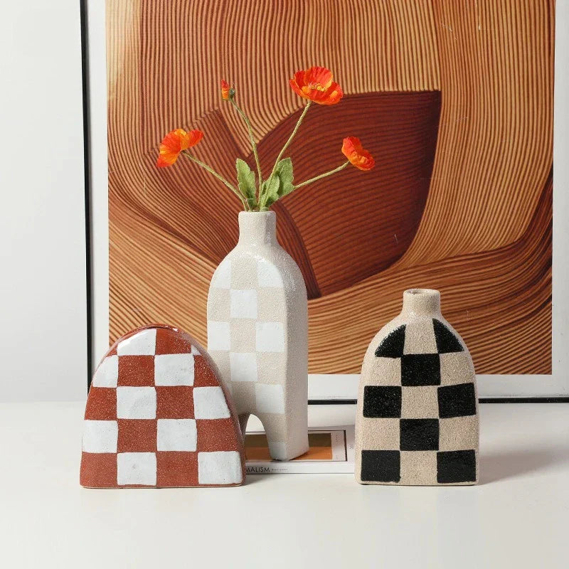 DecorBites™ Geometric Check Ceramic Vase for Stylish Flower Arrangements
