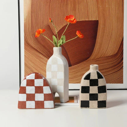 DecorBites™ Geometric Check Ceramic Vase for Stylish Flower Arrangements