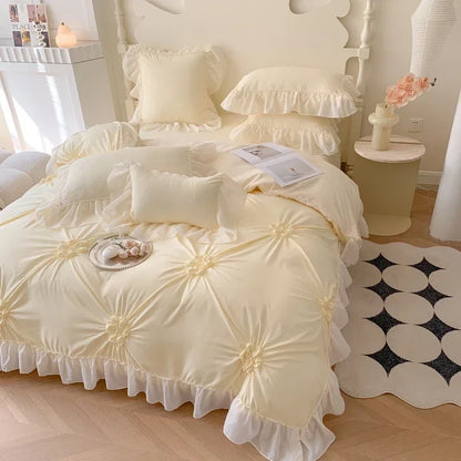 DecorBites™ Lace Princess Bedding Set: Romantic Ruffles & Bow Duvet Cover, Sheet, Pillowcases