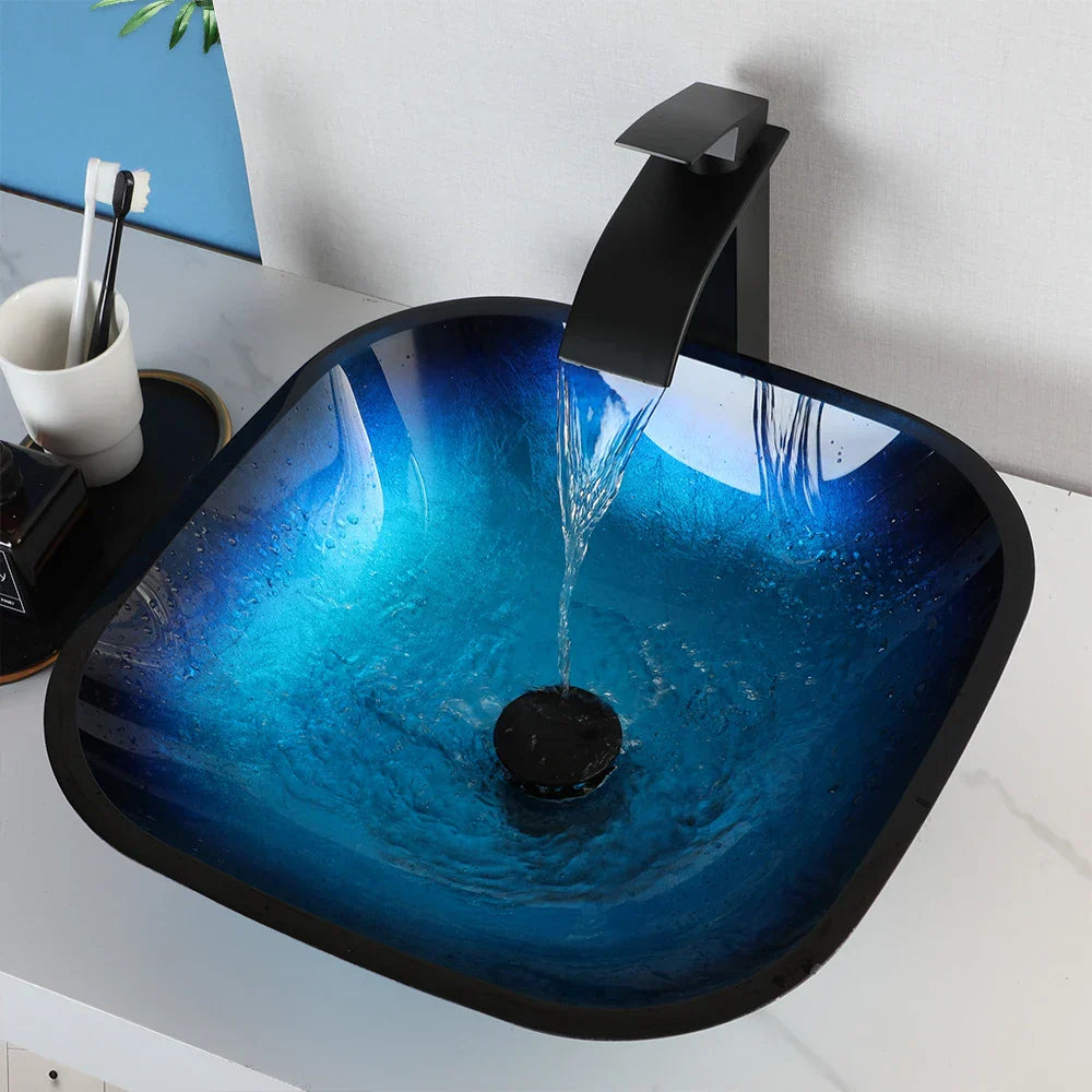 DecorBites™ Gradient Blue Glass Basin Faucet Set with Waterfall Mixer Taps