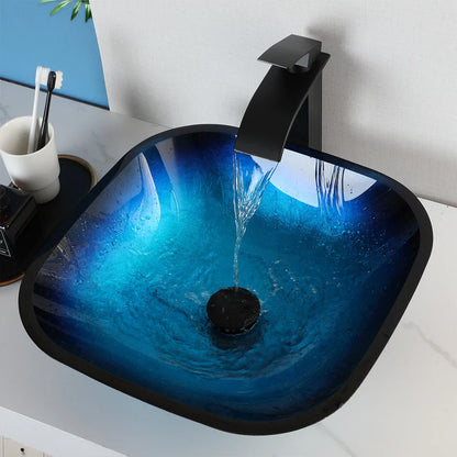 DecorBites™ Gradient Blue Glass Basin Faucet Set with Waterfall Mixer Taps