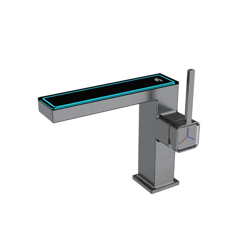 DecorBites™ Digital Display Square Sink Mixer with Single Handle in Gray.