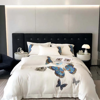 DecorBites™ Butterfly Embroidery Bedding Set: King/Queen/Ru Size Bed Linens, Sheet, Pillowcase, Comforter Cover