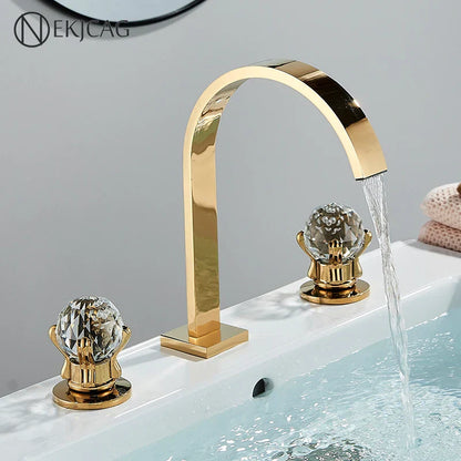 DecorBites™ Crystal Handle Gold Bathroom Basin Faucet Three Hole Mixer for Bathtub