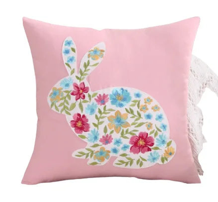 DecorBites™ Bunny Cushion Cover Pink White Floral Embroidered Easter Home Sofa Decoration