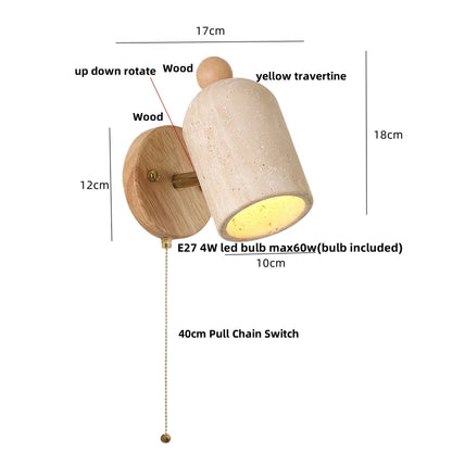 DecorBites™ LED Wall Sconce Pull Chain Switch Modern Wood Yellow Travertine Stair Light