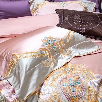 Decobites Pink Purple Embroidery European Palace Bedding Set - 9Pcs Premium Egyptian Cotton