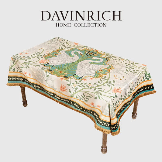 DecorBites™ Double Swan & Floral Print Velvet Tablecloth with Tassels