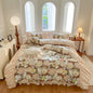 Decobites Vintage Floral Print Cotton Bedding Set with Ruffles & Pleats