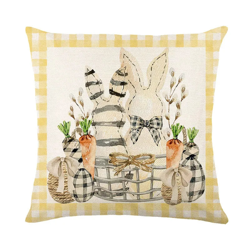 DecorBites™ Easter Bunny Rabbit Linen Cushion Cover 45x45cm - Flower Print Festival Pillowcase