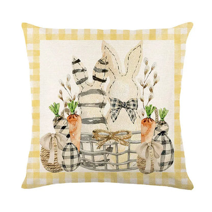 DecorBites™ Easter Bunny Rabbit Linen Cushion Cover 45x45cm - Flower Print Festival Pillowcase