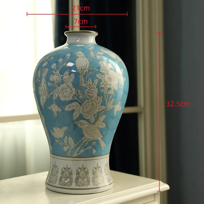 DecorBites™ Blue White Porcelain Vase Retro Floral Arrangement Home Decor Ceramic Handicraft