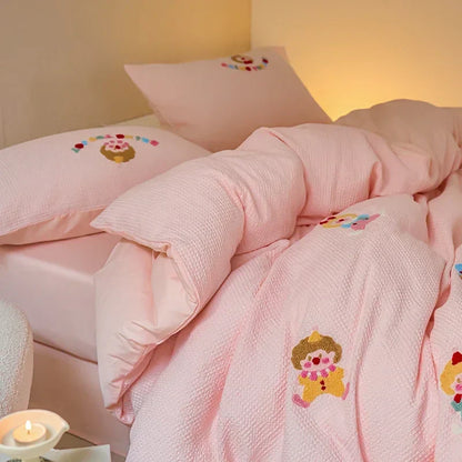 Decobites Pink Waffle Cotton Duvet Set with Sheet, Pillow, and Throw - High-End Embroidered Bedding