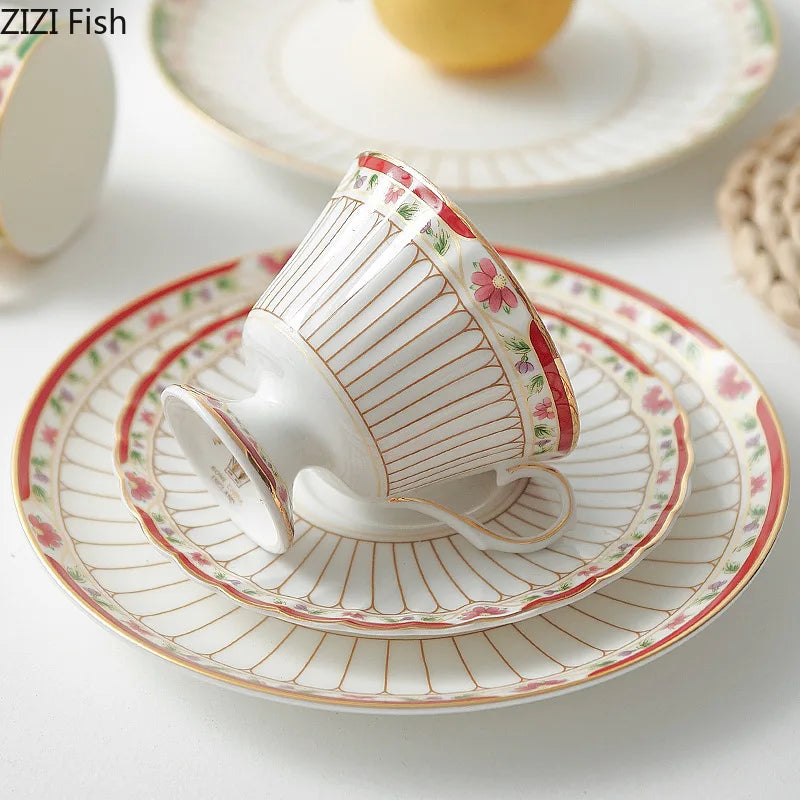 DecorBites™ Gold-Striped Ceramic Cup & Saucer Set for Dining Table Coffee Milk Tea Juice
