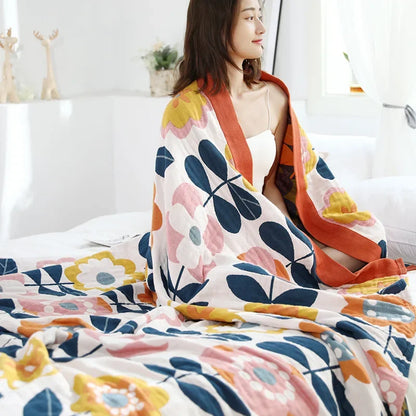 DecorBites™ Japanese Cotton Gauze Flower Blanket: Soft and Breathable Summer Throw