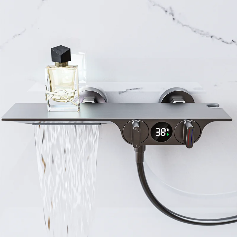 DecorBites™ Digital Display Black Waterfall Shower Mixer Wall Mount Brass Bathroom Taps