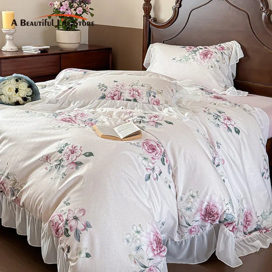 Decobites French Flowers Lace Ruffles Princess Bedding Set with Bed Sheet Pillowcases