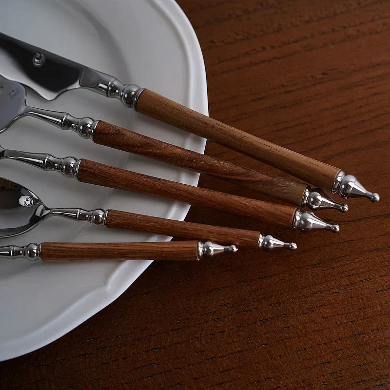 DecorBites™ 5-Piece Stainless Steel Western Tableware Set, Solid Wood Handle, Natural Yellow