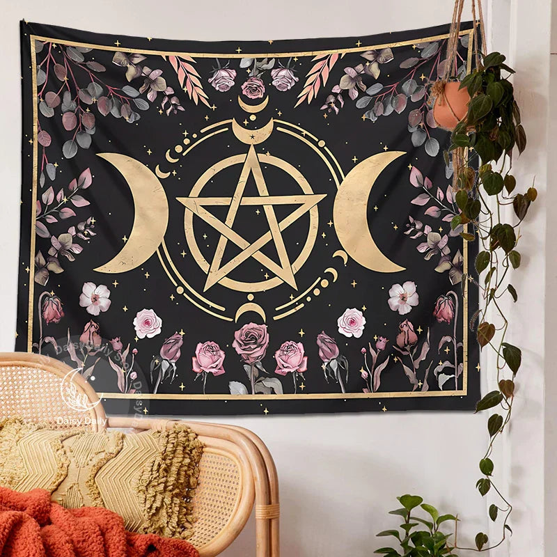 Decobites Botanical Floral Moon Tapestry - Witch Cottage Core Living Room Decor