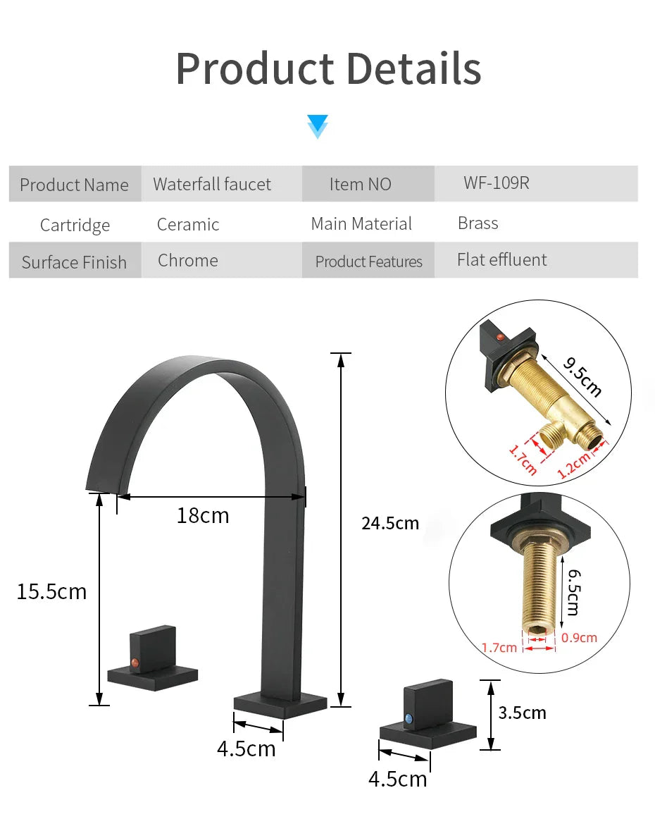 DecorBites™ Black Brass Deck Mounted Bathroom Sink Faucet Double Handle Hot/Cold Tap