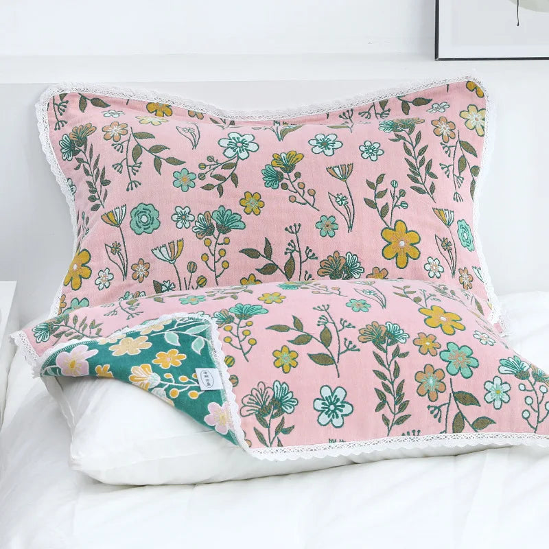 DecorBites™ Lace Trim Pillow Towel - Double Sided Yarn-Dyed Jacquard - 52*75 CM - Five-Layer Cotton Gauze