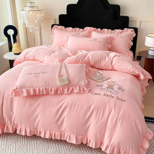 DecorBites™ French Embroidered Cotton Bed Skirt Set with Ruffled Edges