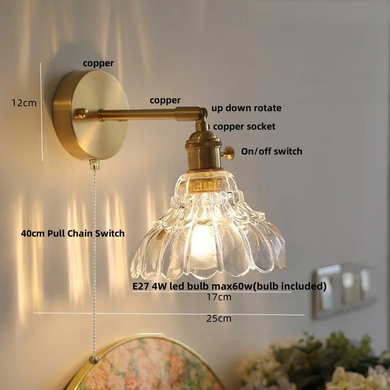 DecorBites™ Clear Glass LED Wall Sconce with Pull Chain, Rotating Copper Socket