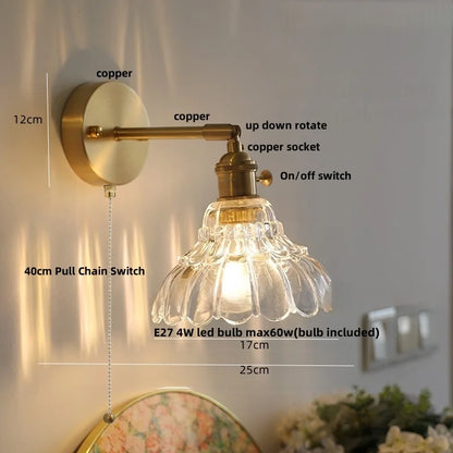 DecorBites™ Clear Glass LED Wall Sconce, Modern Rotating Bedside Lamp with Pull Chain & Copper Socket