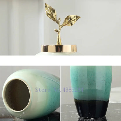 DecorBites™ Gradient Ceramic Vase with Golden Leaves Cover for Modern Home Decor and Weddings