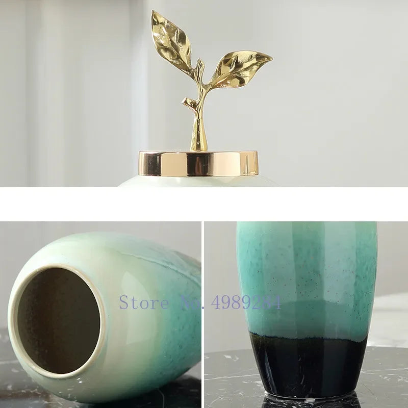 Jarrón Cerámico de Gradiente Decorbites™ con Tapa de Hojas Doradas para Decoración Moderna del Hogar y Bodas
